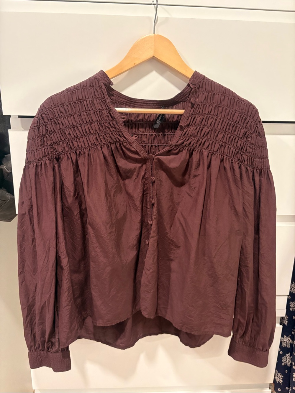 EUC | Madewell Smocked Cotton-Silk Peasant Blouse | Size S | Chocolate Raisin